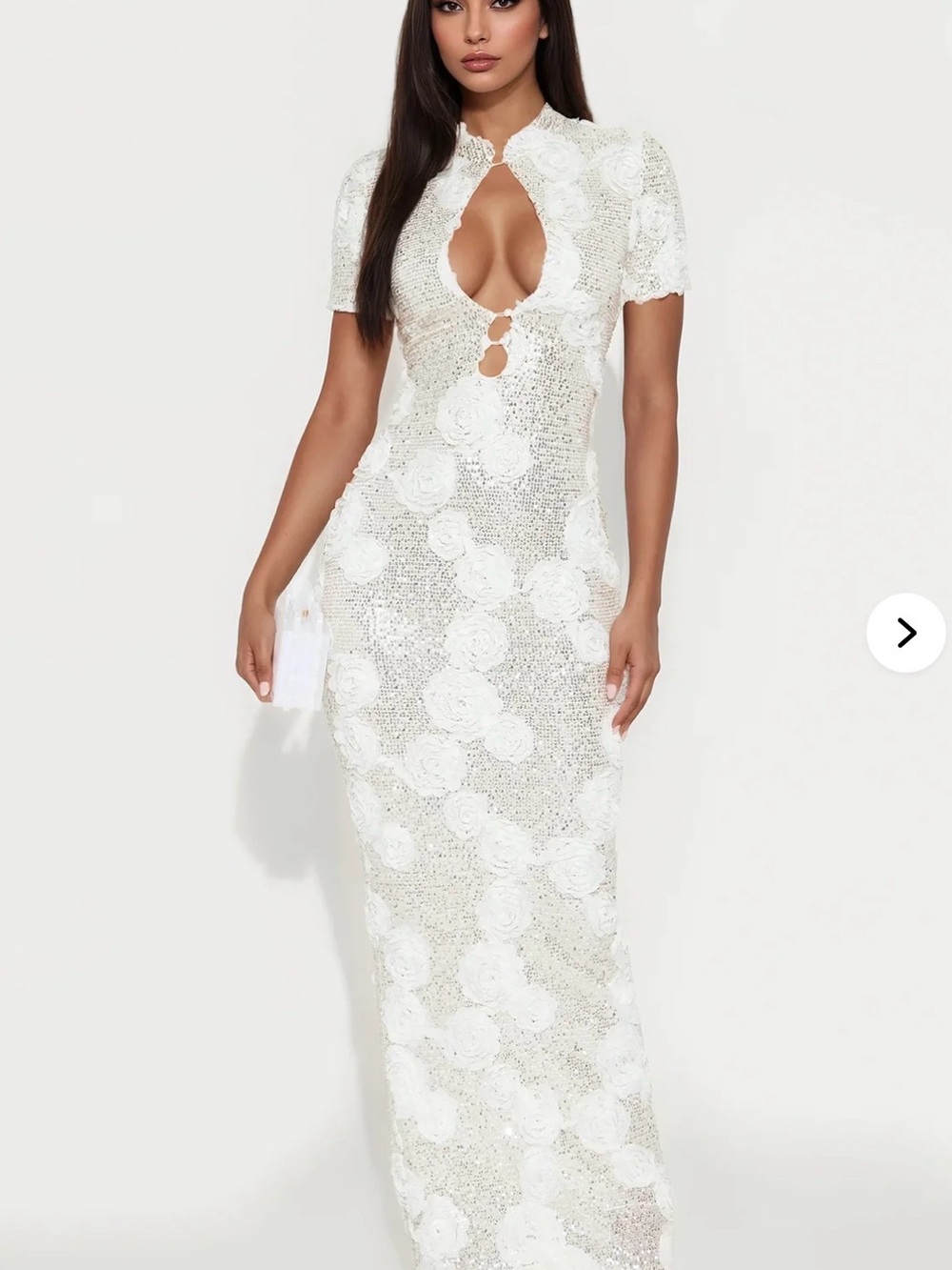 Fashion Nova White Sequin Floral Keyhole Maxi Dress